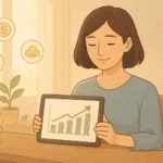 女子在明亮的木質書桌前，手持平板顯示收入成長曲線，旁邊漂浮著代表數位產品與內容創作的圖示，象徵零資金打造被動收入的溫柔起點。