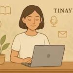 女子坐在簡約桌前，晨光灑落，象徵數位被動收入與自由創作的起點。