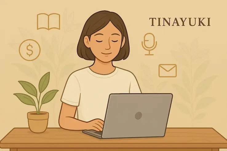 女子坐在簡約桌前，晨光灑落，象徵數位被動收入與自由創作的起點。