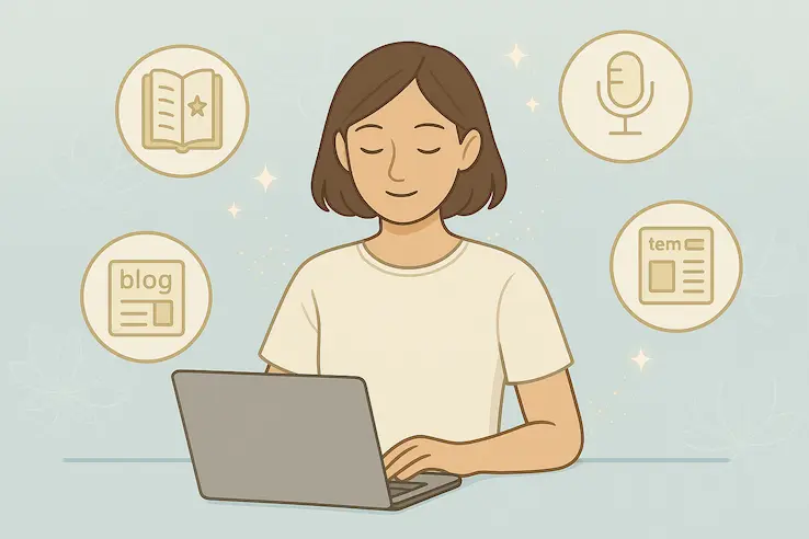 女性環繞在電子書、語音節目、模板與部落格圖示中，象徵數位被動收入的多元形式與可能性