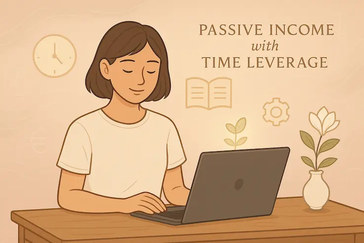 女子安坐在晨光中，周圍圍繞代表時間槓桿與被動收入的象徵圖示，畫面溫柔穩定