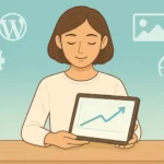 女子坐在溫暖的桌前，手持平板顯示網站流量的穩定成長曲線，周圍漂浮著代表 WordPress 圖片優化的圖示，象徵用對方法，讓圖片更美也更快。