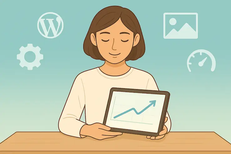 女子坐在溫暖的桌前，手持平板顯示網站流量的穩定成長曲線，周圍漂浮著代表 WordPress 圖片優化的圖示，象徵用對方法，讓圖片更美也更快。